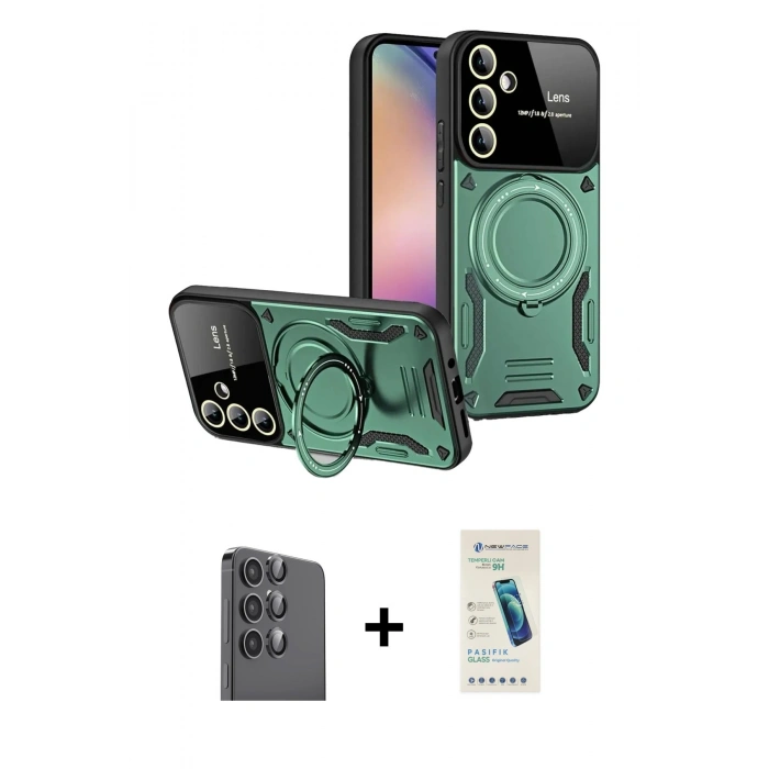 MARSİLYAN™- Galaxy S24 FE Kılıf Kıvılcım Modern Serisi - Şeffaf Pasifik Cam Ekran Koruyucu + Raze Metal Kamera Lens - SH
