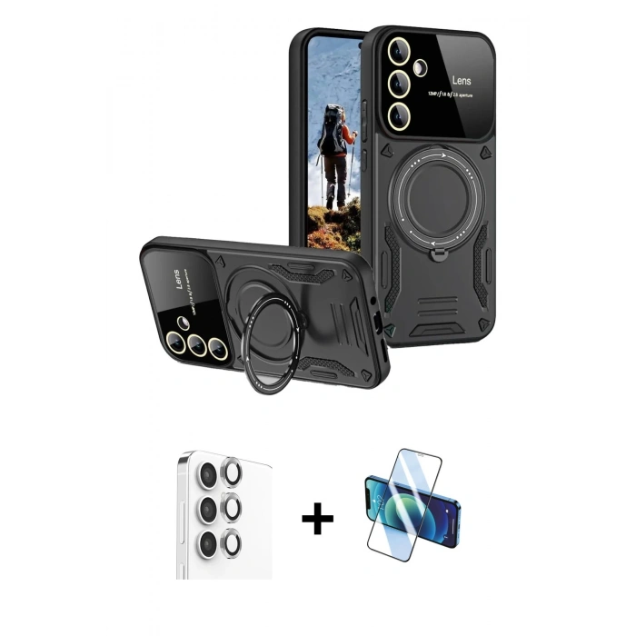 MARSİLYAN™- Galaxy S24 FE Kılıf Kıvılcım Modern Serisi - Siyah 3D Antistatik Cam Ekran Koruyucu + Raze Metal Kamera Lens - GI