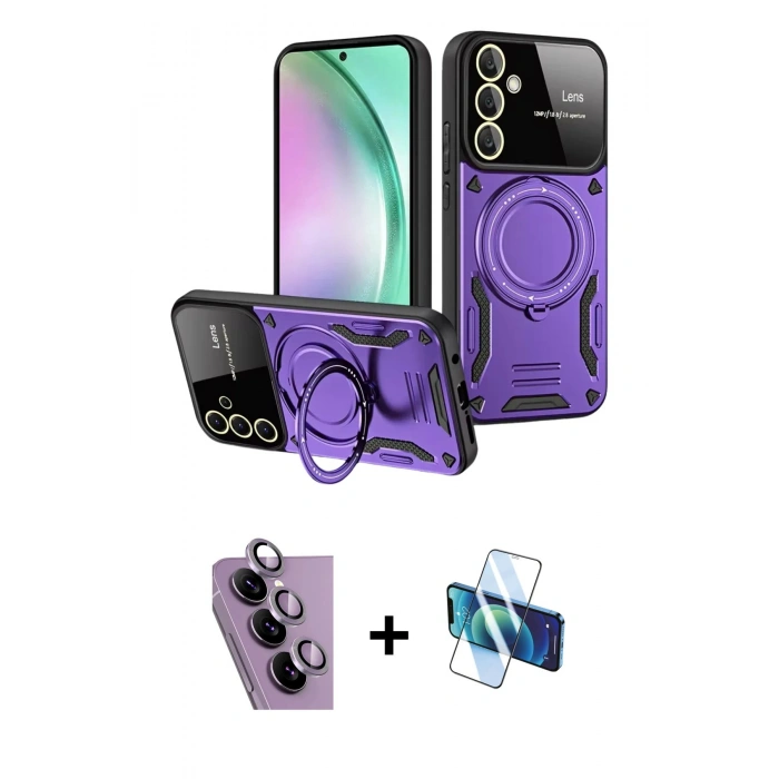MARSİLYAN™- Galaxy S24 FE Kılıf Kıvılcım Modern Serisi - Siyah 3D Antistatik Cam Ekran Koruyucu + Raze Metal Kamera Lens - MR