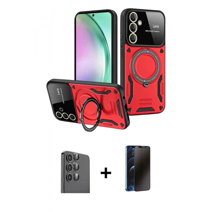 MARSİLYAN™- Galaxy S24 FE Kılıf Kıvılcım Modern Serisi - Siyah 3D Antistatik Hayalet Cam Ekran Koruyucu + Raze Metal Kamera Lens - SH