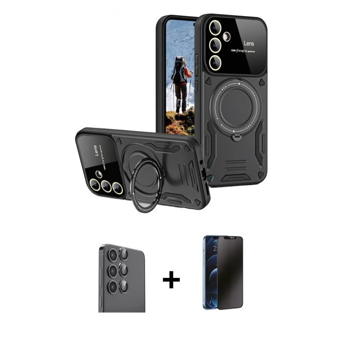 MARSİLYAN™- Galaxy S24 FE Kılıf Kıvılcım Modern Serisi - Siyah 3D Antistatik Hayalet Cam Ekran Koruyucu + Raze Metal Kamera Lens - SH
