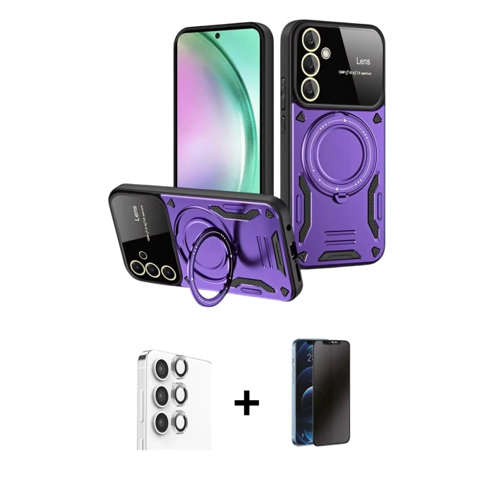 MARSİLYAN™- Galaxy S24 FE Kılıf Kıvılcım Modern Serisi - Siyah 3D Antistatik Hayalet Cam Ekran Koruyucu + Raze Metal Kamera Lens - GI