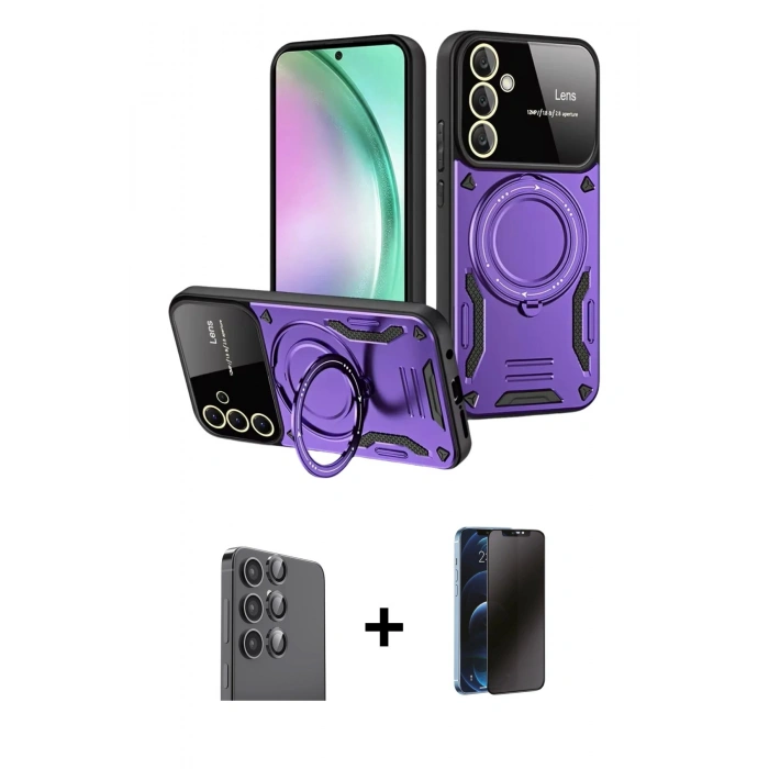 MARSİLYAN™- Galaxy S24 FE Kılıf Kıvılcım Modern Serisi - Siyah 3D Antistatik Hayalet Cam Ekran Koruyucu + Raze Metal Kamera Lens - SH