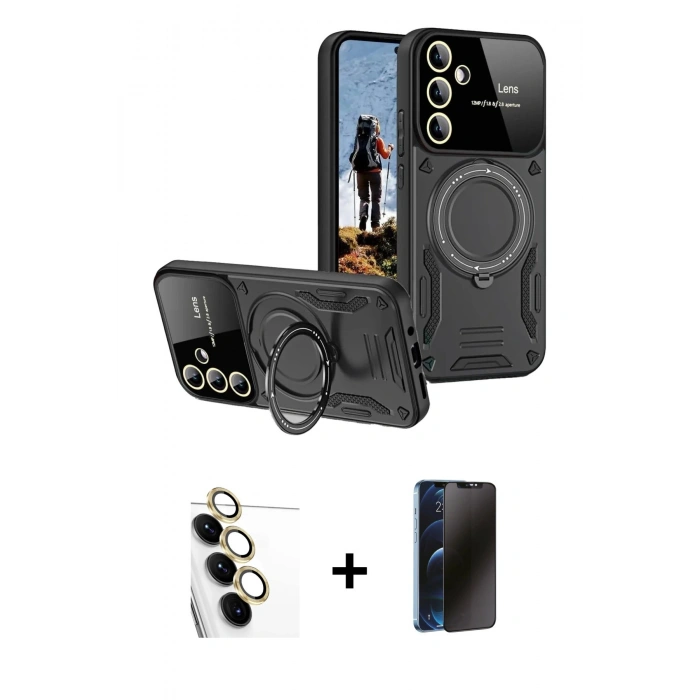 MARSİLYAN™- Galaxy S24 FE Kılıf Kıvılcım Modern Serisi - Siyah 3D Antistatik Hayalet Cam Ekran Koruyucu + Raze Metal Kamera Lens - SI
