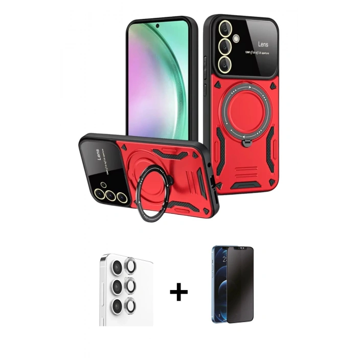 MARSİLYAN™- Galaxy S24 FE Kılıf Kıvılcım Modern Serisi - Siyah 3D Antistatik Hayalet Cam Ekran Koruyucu + Raze Metal Kamera Lens - GI