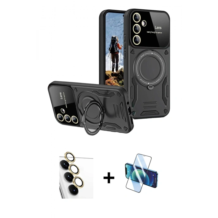 MARSİLYAN™- Galaxy S24 FE Kılıf Kıvılcım Modern Serisi - Siyah 3D Antistatik Seramik Nano Ekran Koruyucu + Raze Metal Kamera Lens - SI