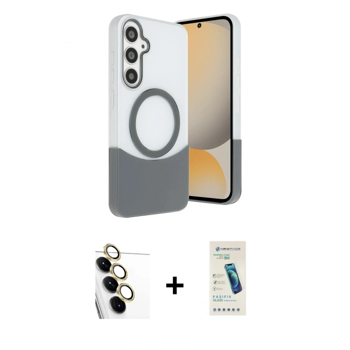 MARSİLYAN™- Galaxy S24 FE Kılıf Kozmos Form Özel Seri - Şeffaf Pasifik Cam Ekran Koruyucu + Raze Metal Kamera Lens - SI