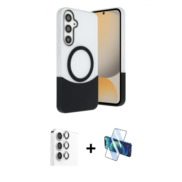 MARSİLYAN™- Galaxy S24 FE Kılıf Kozmos Form Özel Seri - Siyah 3D Antistatik Cam Ekran Koruyucu + Raze Metal Kamera Lens - GI