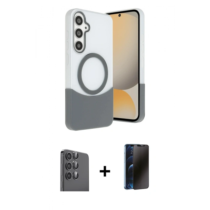MARSİLYAN™- Galaxy S24 FE Kılıf Kozmos Form Özel Seri - Siyah 3D Antistatik Hayalet Cam Ekran Koruyucu + Raze Metal Kamera Lens - SH