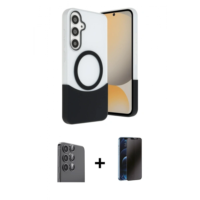 MARSİLYAN™- Galaxy S24 FE Kılıf Kozmos Form Özel Seri - Siyah 3D Antistatik Hayalet Cam Ekran Koruyucu + Raze Metal Kamera Lens - SH