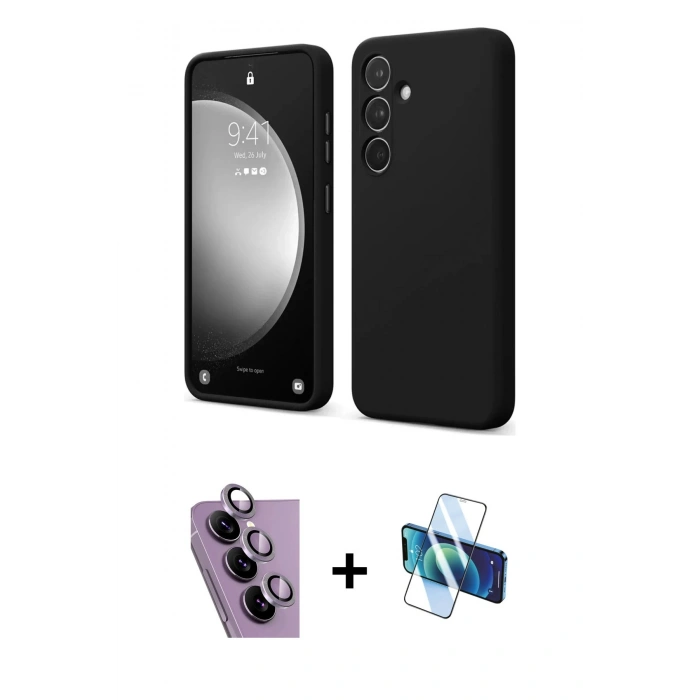 MARSİLYAN™- Galaxy S24 FE Kılıf Kozmos Yansıma Özel Seri - Siyah 3D Antistatik Cam Ekran Koruyucu + Raze Metal Kamera Lens - MR
