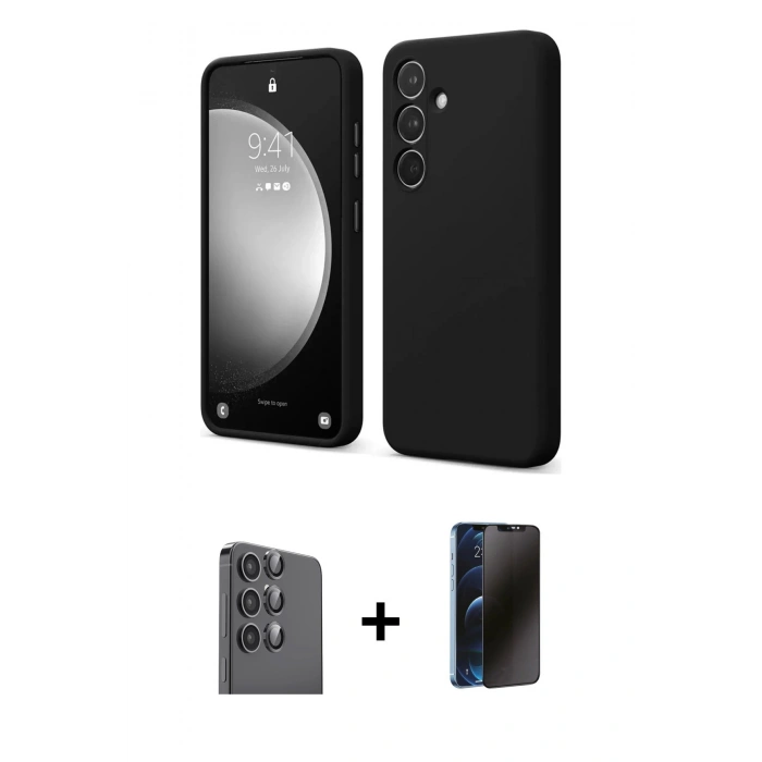 MARSİLYAN™- Galaxy S24 FE Kılıf Kozmos Yansıma Özel Seri - Siyah 3D Antistatik Hayalet Cam Ekran Koruyucu + Raze Metal Kamera Lens - SH