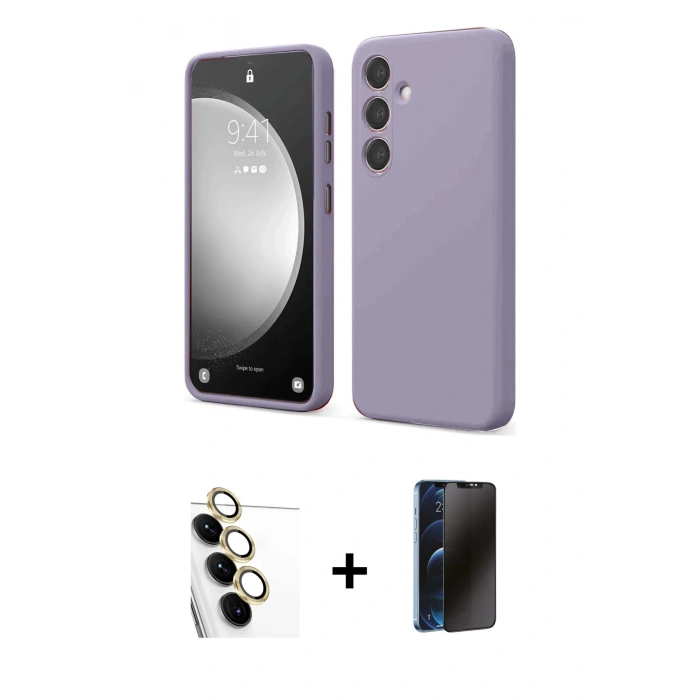 MARSİLYAN™- Galaxy S24 FE Kılıf Kozmos Yansıma Özel Seri - Siyah 3D Antistatik Hayalet Cam Ekran Koruyucu + Sarı Raze Metal Kamera Lens