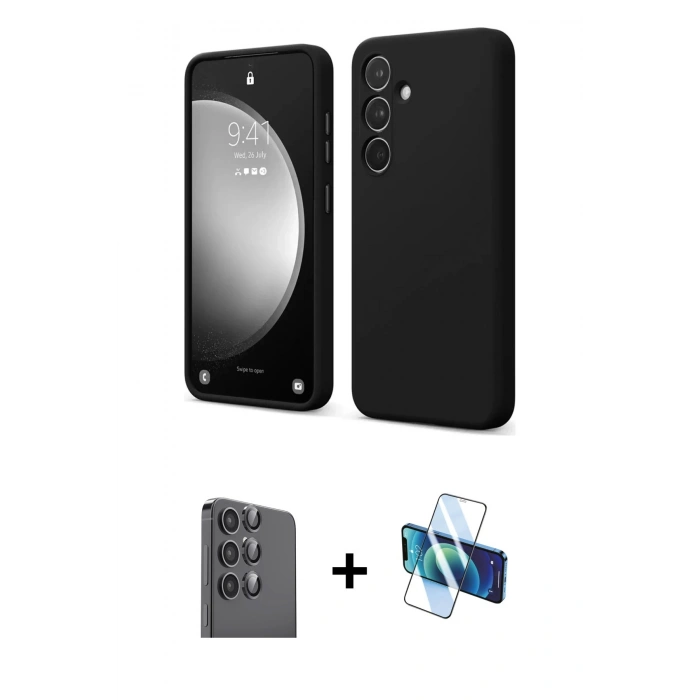 MARSİLYAN™- Galaxy S24 FE Kılıf Kozmos Yansıma Özel Seri - Siyah 3D Antistatik Seramik Nano Ekran Koruyucu + Raze Metal Kamera Lens - SH