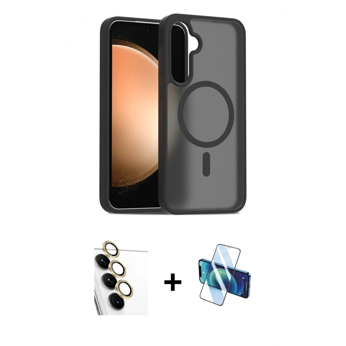MARSİLYAN™- Galaxy S24 FE Kılıf Siluet Minimal Prime - Siyah 3D Antistatik Cam Ekran Koruyucu + Raze Metal Kamera Lens - SI