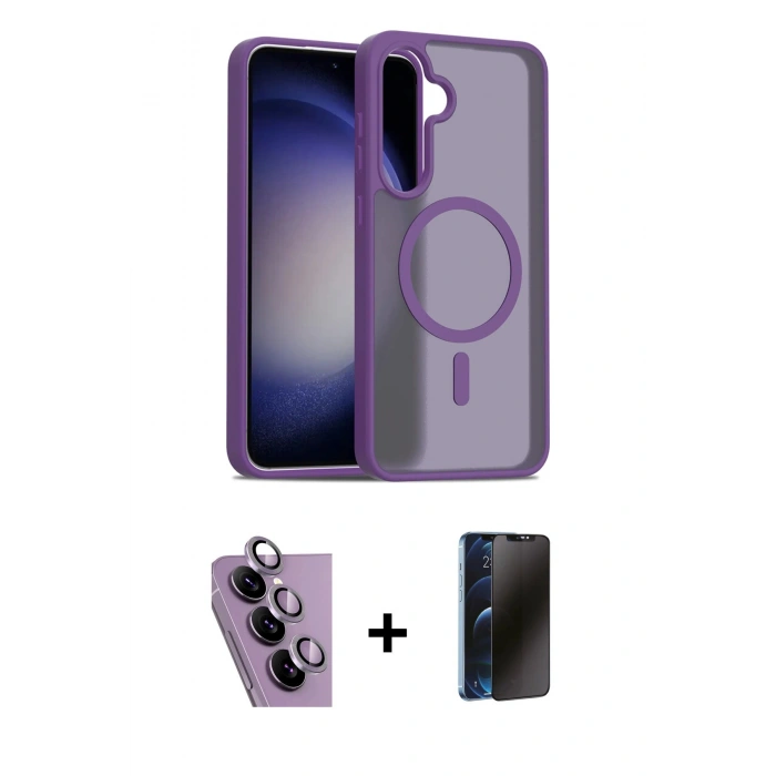 MARSİLYAN™- Galaxy S24 FE Kılıf Siluet Minimal Prime - Siyah 3D Antistatik Hayalet Cam Ekran Koruyucu + Raze Metal Kamera Lens - MR