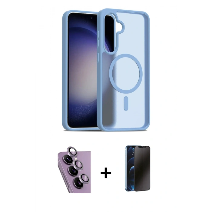 MARSİLYAN™- Galaxy S24 FE Kılıf Siluet Minimal Prime - Siyah 3D Antistatik Hayalet Cam Ekran Koruyucu + Raze Metal Kamera Lens - MR