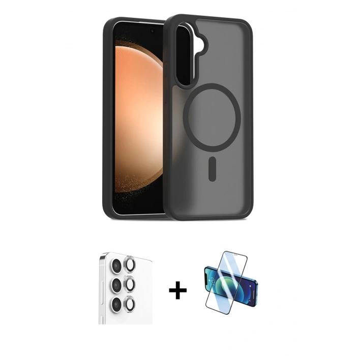 MARSİLYAN™- Galaxy S24 FE Kılıf Siluet Minimal Prime - Siyah 3D Antistatik Seramik Nano Ekran Koruyucu + Raze Metal Kamera Lens - GI