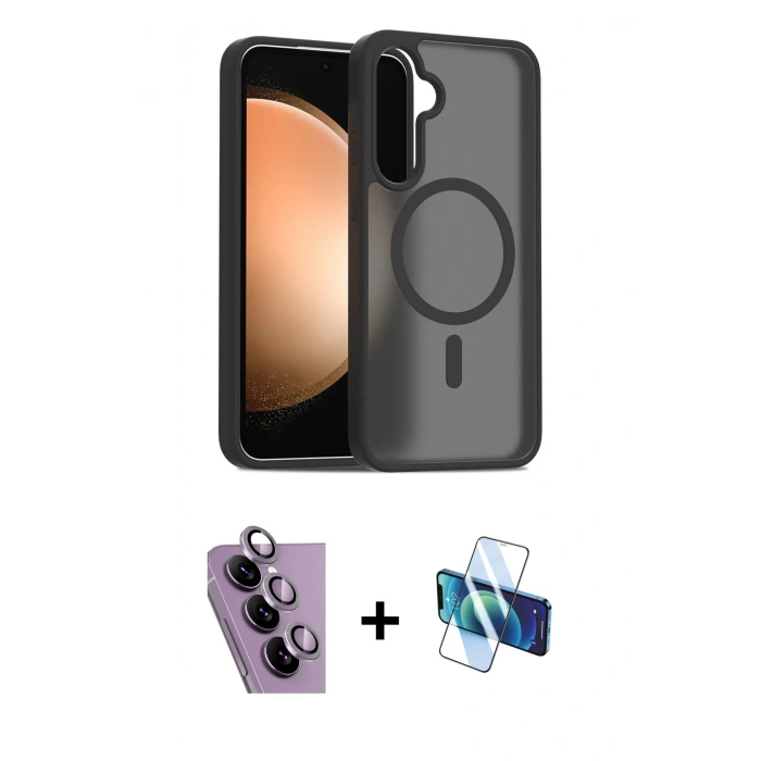 MARSİLYAN™- Galaxy S24 FE Kılıf Siluet Minimal Prime - Siyah 3D Antistatik Seramik Nano Ekran Koruyucu + Raze Metal Kamera Lens - MR