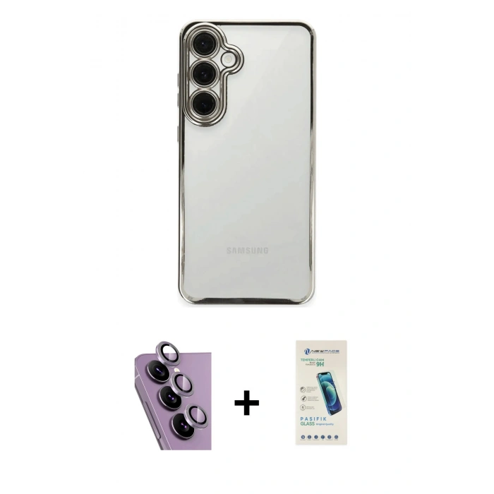 MARSİLYAN™- Galaxy S24 FE Kılıf Vadi Minimal - Şeffaf Pasifik Cam Ekran Koruyucu + Raze Metal Kamera Lens - MR