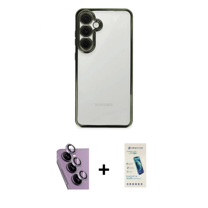 MARSİLYAN™- Galaxy S24 FE Kılıf Vadi Minimal - Şeffaf Pasifik Cam Ekran Koruyucu + Raze Metal Kamera Lens - MR