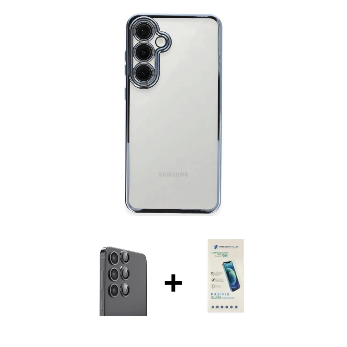 MARSİLYAN™- Galaxy S24 FE Kılıf Vadi Minimal - Şeffaf Pasifik Cam Ekran Koruyucu + Raze Metal Kamera Lens - SH