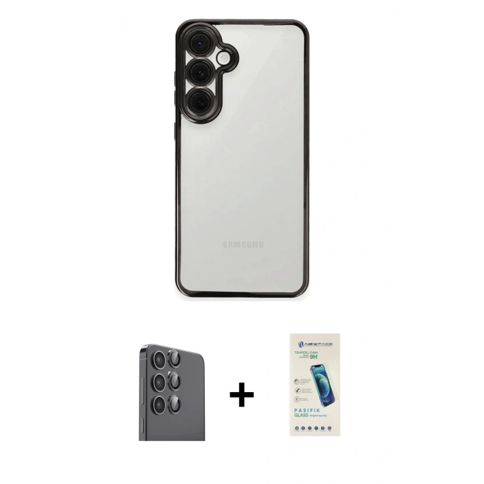 MARSİLYAN™- Galaxy S24 FE Kılıf Vadi Minimal - Şeffaf Pasifik Cam Ekran Koruyucu + Raze Metal Kamera Lens - SH