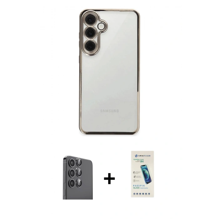 MARSİLYAN™- Galaxy S24 FE Kılıf Vadi Minimal - Şeffaf Pasifik Cam Ekran Koruyucu + Raze Metal Kamera Lens - SH