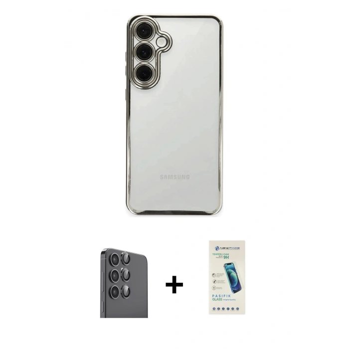 MARSİLYAN™- Galaxy S24 FE Kılıf Vadi Minimal - Şeffaf Pasifik Cam Ekran Koruyucu + Raze Metal Kamera Lens - SH