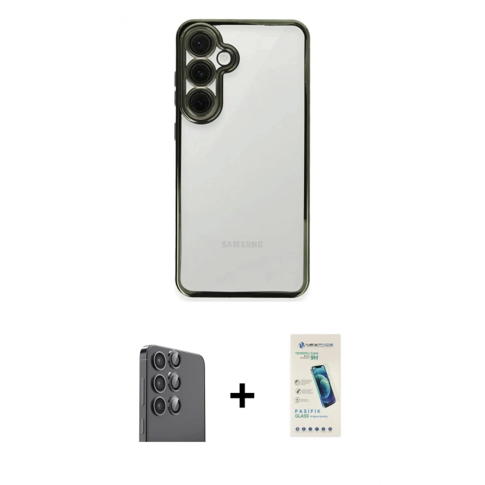 MARSİLYAN™- Galaxy S24 FE Kılıf Vadi Minimal - Şeffaf Pasifik Cam Ekran Koruyucu + Raze Metal Kamera Lens - SH