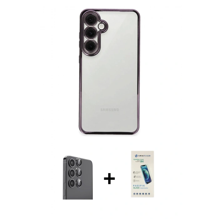 MARSİLYAN™- Galaxy S24 FE Kılıf Vadi Minimal - Şeffaf Pasifik Cam Ekran Koruyucu + Raze Metal Kamera Lens - SH