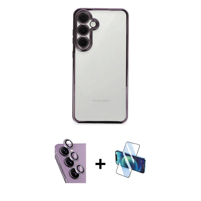 MARSİLYAN™- Galaxy S24 FE Kılıf Vadi Minimal - Siyah 3D Antistatik Cam Ekran Koruyucu + Raze Metal Kamera Lens - MR