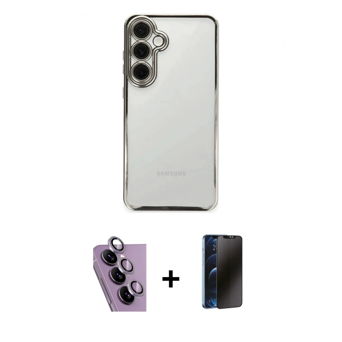 MARSİLYAN™- Galaxy S24 FE Kılıf Vadi Minimal - Siyah 3D Antistatik Hayalet Cam Ekran Koruyucu + Raze Metal Kamera Lens - MR