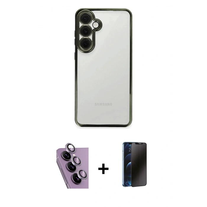MARSİLYAN™- Galaxy S24 FE Kılıf Vadi Minimal - Siyah 3D Antistatik Hayalet Cam Ekran Koruyucu + Raze Metal Kamera Lens - MR