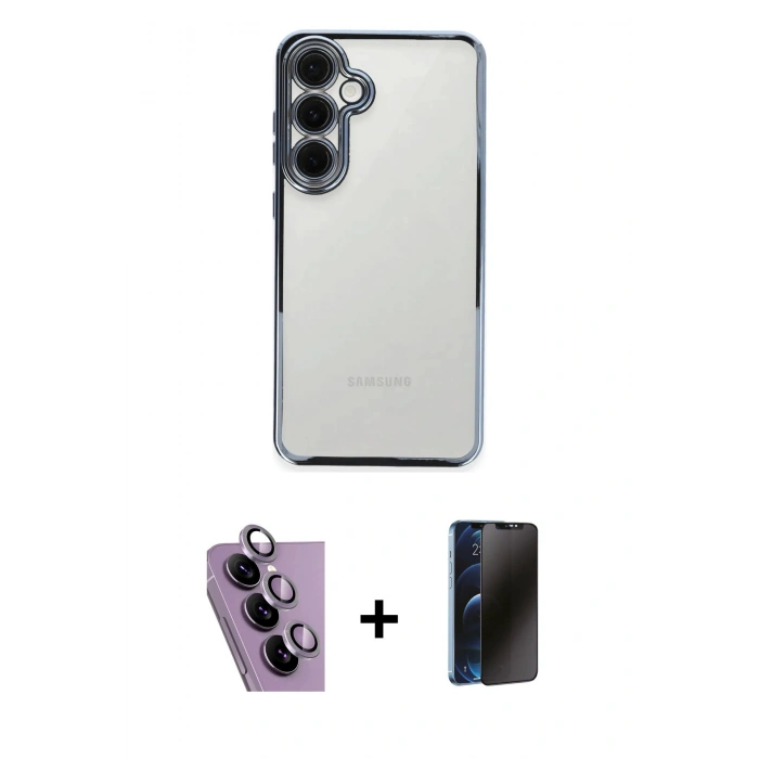 MARSİLYAN™- Galaxy S24 FE Kılıf Vadi Minimal - Siyah 3D Antistatik Hayalet Cam Ekran Koruyucu + Raze Metal Kamera Lens - MR