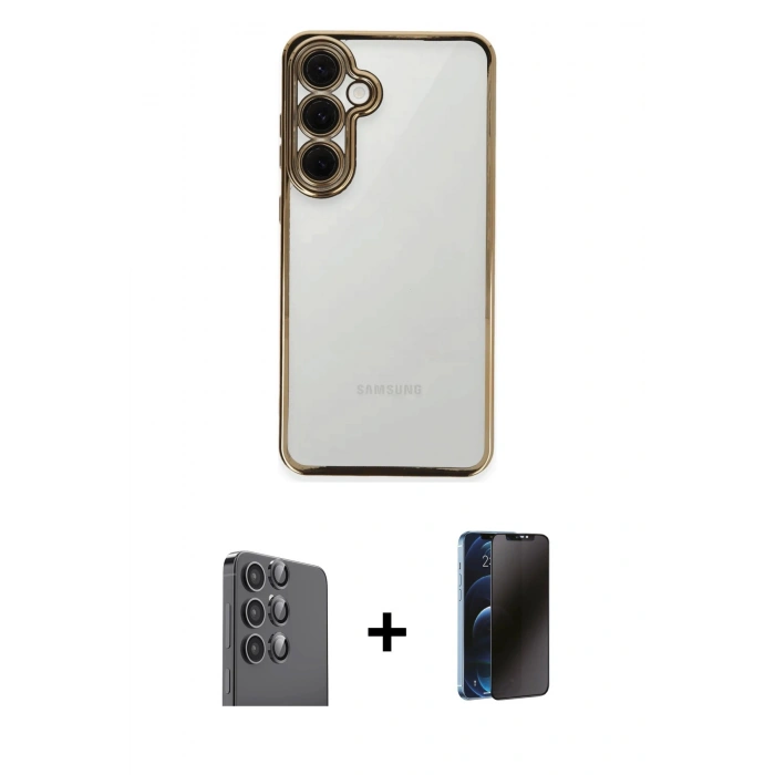 MARSİLYAN™- Galaxy S24 FE Kılıf Vadi Minimal - Siyah 3D Antistatik Hayalet Cam Ekran Koruyucu + Raze Metal Kamera Lens - SH
