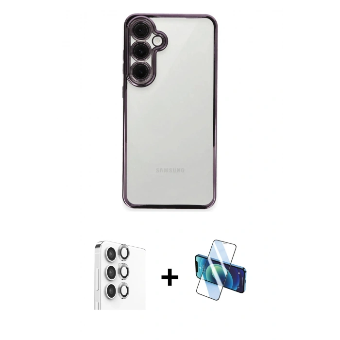 MARSİLYAN™- Galaxy S24 FE Kılıf Vadi Minimal - Siyah 3D Antistatik Seramik Nano Ekran Koruyucu + Raze Metal Kamera Lens - GI