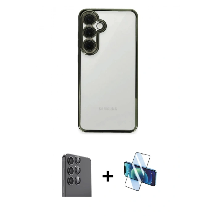 MARSİLYAN™- Galaxy S24 FE Kılıf Vadi Minimal - Siyah 3D Antistatik Seramik Nano Ekran Koruyucu + Raze Metal Kamera Lens - SH