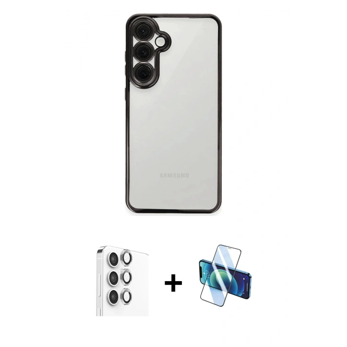 MARSİLYAN™- Galaxy S24 FE Kılıf Vadi Minimal - Siyah 3D Antistatik Seramik Nano Ekran Koruyucu + Raze Metal Kamera Lens - GI