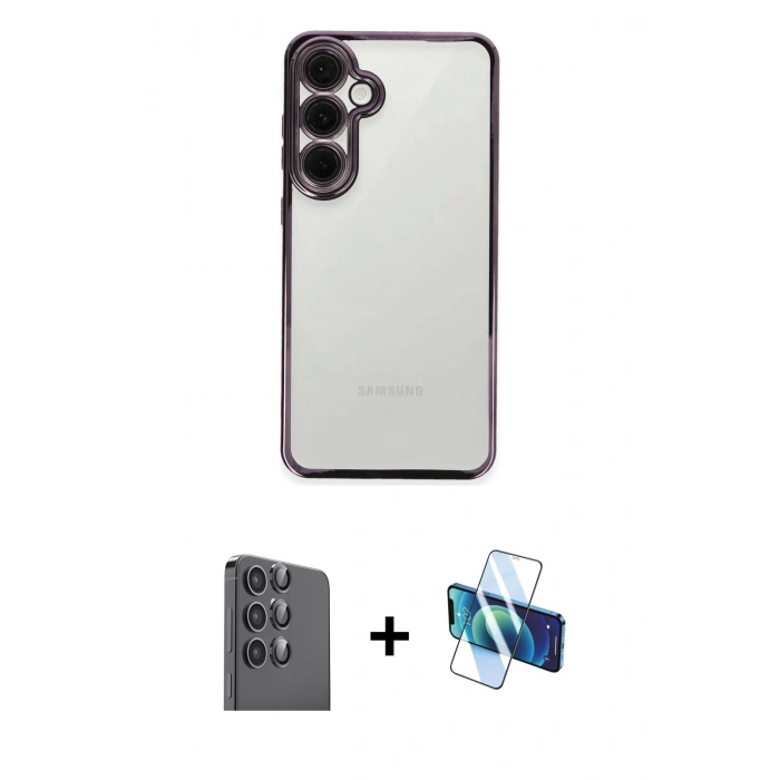MARSİLYAN™- Galaxy S24 FE Kılıf Vadi Minimal - Siyah 3D Antistatik Seramik Nano Ekran Koruyucu + Raze Metal Kamera Lens - SH