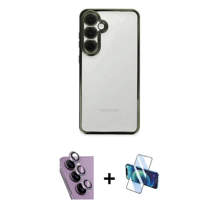 MARSİLYAN™- Galaxy S24 FE Kılıf Vadi Minimal - Siyah 3D Antistatik Seramik Nano Ekran Koruyucu + Raze Metal Kamera Lens - MR