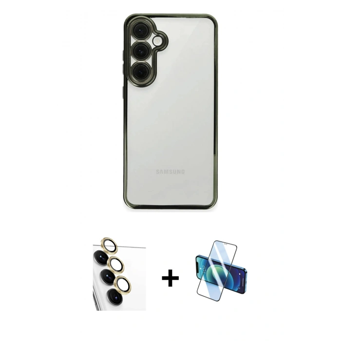 MARSİLYAN™- Galaxy S24 FE Kılıf Vadi Minimal - Siyah 3D Antistatik Seramik Nano Ekran Koruyucu + Raze Metal Kamera Lens - SI