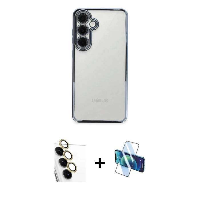 MARSİLYAN™- Galaxy S24 FE Kılıf Vadi Minimal - Siyah 3D Antistatik Seramik Nano Ekran Koruyucu + Raze Metal Kamera Lens - SI