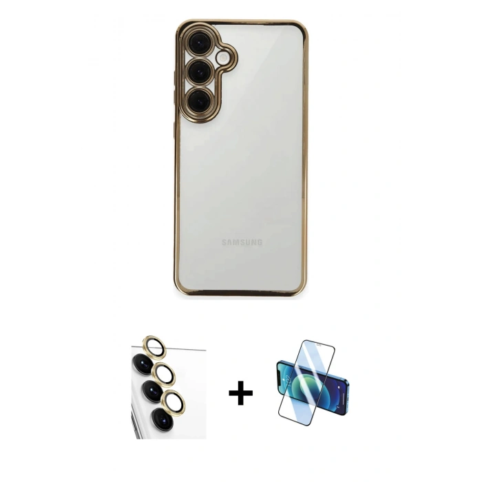MARSİLYAN™- Galaxy S24 FE Kılıf Vadi Minimal - Siyah 3D Antistatik Seramik Nano Ekran Koruyucu + Raze Metal Kamera Lens - SI