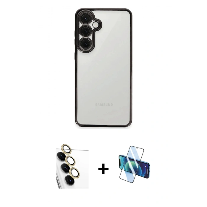 MARSİLYAN™- Galaxy S24 FE Kılıf Vadi Minimal - Siyah 3D Antistatik Seramik Nano Ekran Koruyucu + Raze Metal Kamera Lens - SI