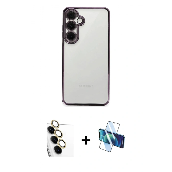 MARSİLYAN™- Galaxy S24 FE Kılıf Vadi Minimal - Siyah 3D Antistatik Seramik Nano Ekran Koruyucu + Raze Metal Kamera Lens - SI