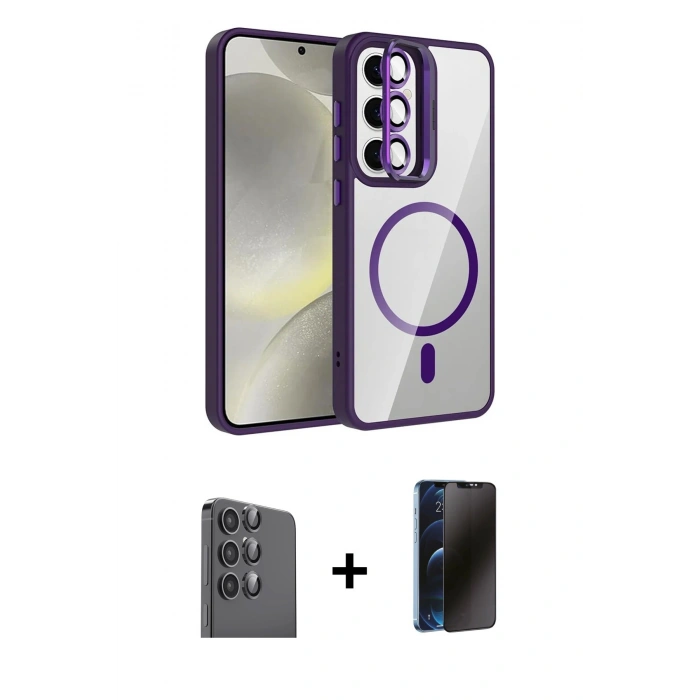 MARSİLYAN™- Galaxy S24 FE Kılıf Yadigar Asil Koleksiyonu - Siyah 3D Antistatik Hayalet Cam Ekran Koruyucu + Raze Metal Kamera Lens - SH