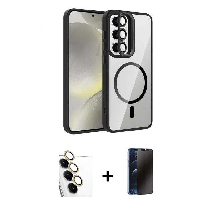 MARSİLYAN™- Galaxy S24 FE Kılıf Yadigar Asil Koleksiyonu - Siyah 3D Antistatik Hayalet Cam Ekran Koruyucu + Raze Metal Kamera Lens - SI