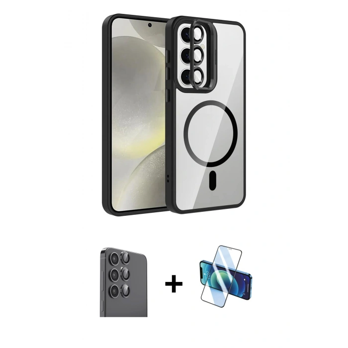 MARSİLYAN™- Galaxy S24 FE Kılıf Yadigar Asil Koleksiyonu - Siyah 3D Antistatik Seramik Nano Ekran Koruyucu + Raze Metal Kamera Lens - SH