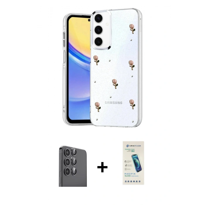MARSİLYAN™- Galaxy S24 FE Kılıf Yörünge Form - Şeffaf Pasifik Cam Ekran Koruyucu + Raze Metal Kamera Lens - SH